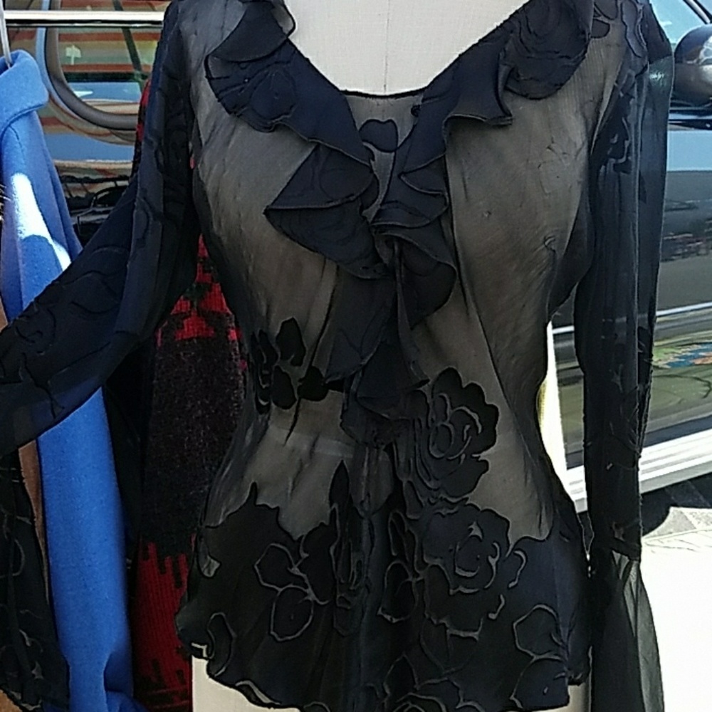 Sheer black rose print top.